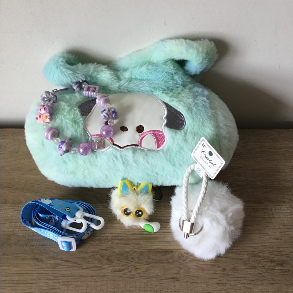 Sanrio Fuzzy Plush Pochacco Shoulder Bag/Crossbody, 2 Furry Bag Charms, Necklace
